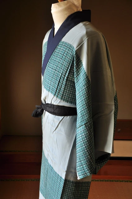 Vintage Mens Japanese Kimono Silk Juban Fog Blue Green & Dark green Plaid