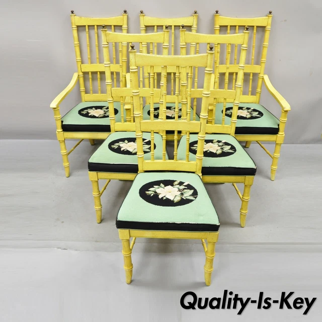 Thomasville Faux Bamboo Chinese Chippendale Brass Finial Wood Chairs - Set of 6 Thomasville Faux Bamboo Chinese Chippendale Brass Finial Wood Chairs - Set of 6