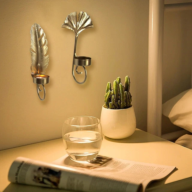 Wall Mounted Golden Leaf Feather Iron Candlestick Holder Hanging Candle Stands