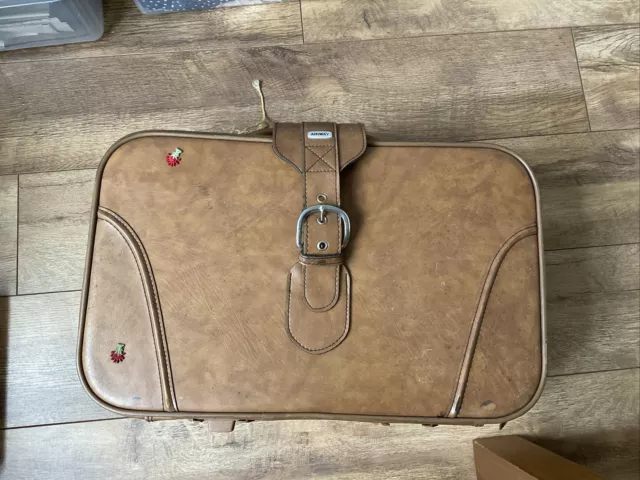 Vintage Brown Leather Suitcase Luggage Overnight Bag Airway Industries