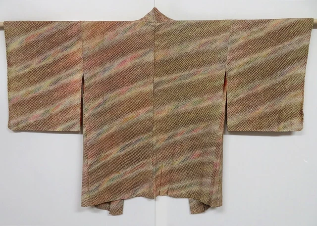 0630i08z590 Vintage Japanese Kimono Silk SHIBORI HAORI Light brown