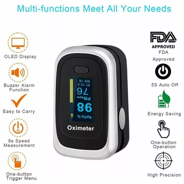 Finger Pulse Oximeter Blood Oxygen Meter SpO2 Heart Rate Saturation Monitor