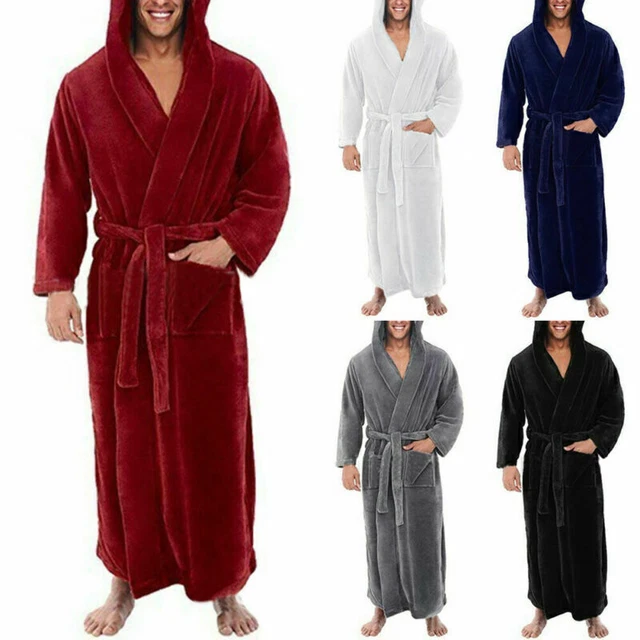 Men' Casual Long Bath Robe Dressing Gown Fluffy Fleece Towelling Hooded Bathrobe