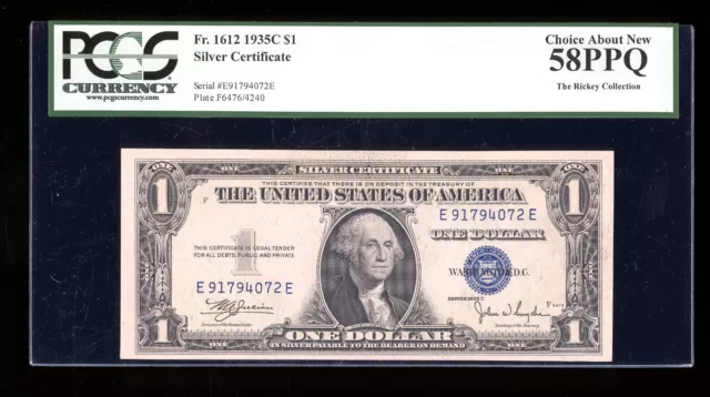 DBR 1935-C $1 Silver Fr. 1612 EE Block PCGS 58 PPQ Serial E91794072E