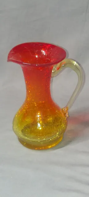 Pitcher Crackle Glass Vase Amberina Hand Blown Art Mini Vintage Red Yellow