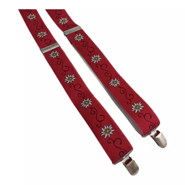 Men's Braces Suspenders Red Floral Vintage Thick Y-Shape 3-Clip Adjustable