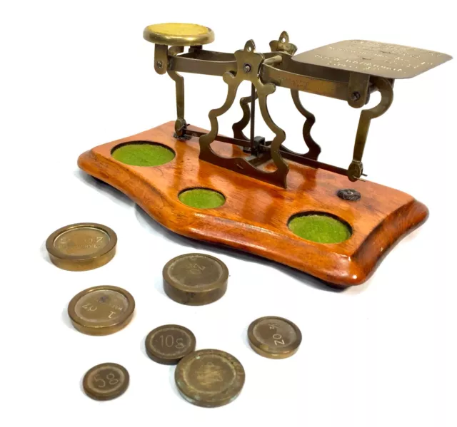 Antique Brass Postal Letter Scales on Wooden Oak Base / Weights / c.1920