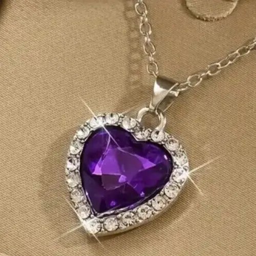 Purple Heart Crystal Pendant 925 Sterling Silver Chain Necklace Women Xmas