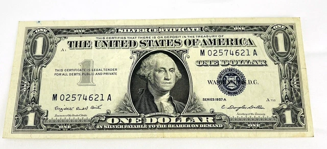 One 1957 A Blue Seal $1 Dollar Silver Certificate Dollar Bill USA Paper Money