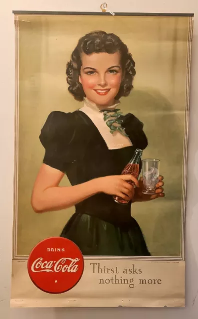 Vintage 1938 Coca-Cola Paper Calendar Girl Litho Wall Hang