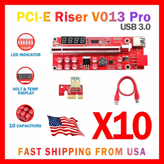 Pro. Card Slot PCI-E Riser V013 Pro Volt & Temp Display GPU for Mining (10-Pack)