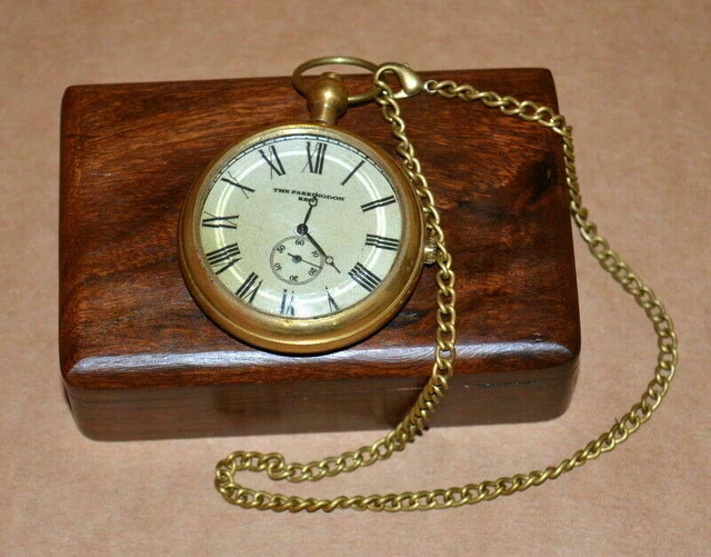 Antik Vintage Maritim Messing Taschenuhr Victoria Marine Kunst Mit Holzkiste