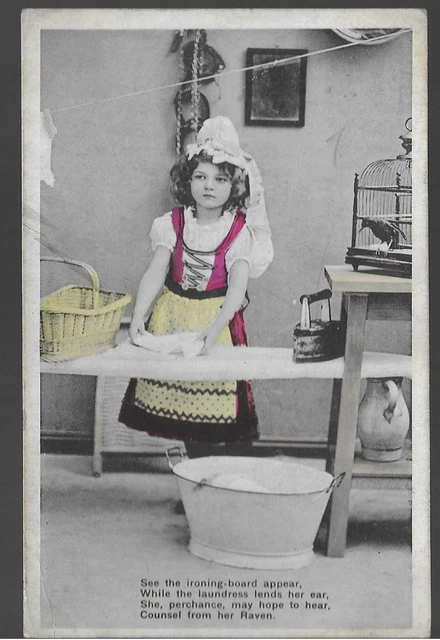 Ironing Board Laundress Raven Old Postcard Iron washing bird cage
