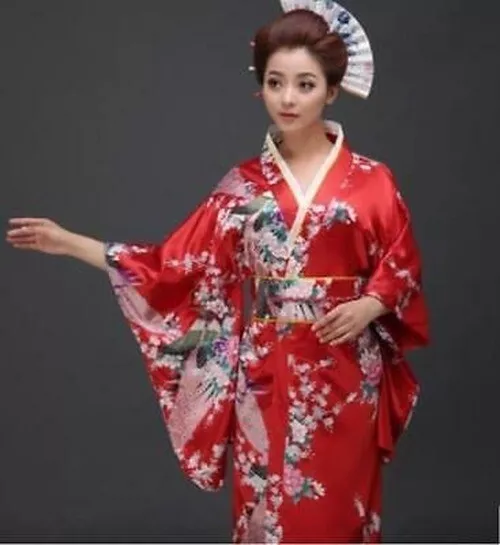 19 Japanese Lady Traditional Kimono Peacock Floral Dress Ball Gown Size Asian