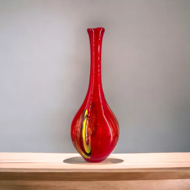 PIER 1 ONE Hand Blown Art Glass Vase Vibrant Red With Multi Yellow Swirls