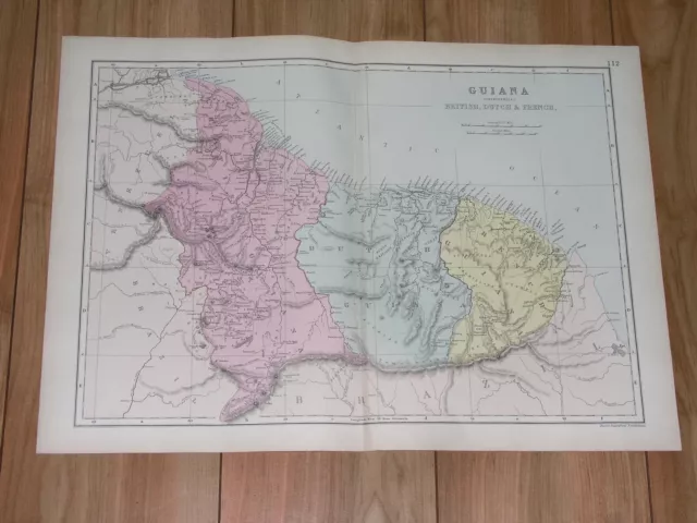 1891 Antique Map Of British Dutch French Guiana Guyana Suriname South America
