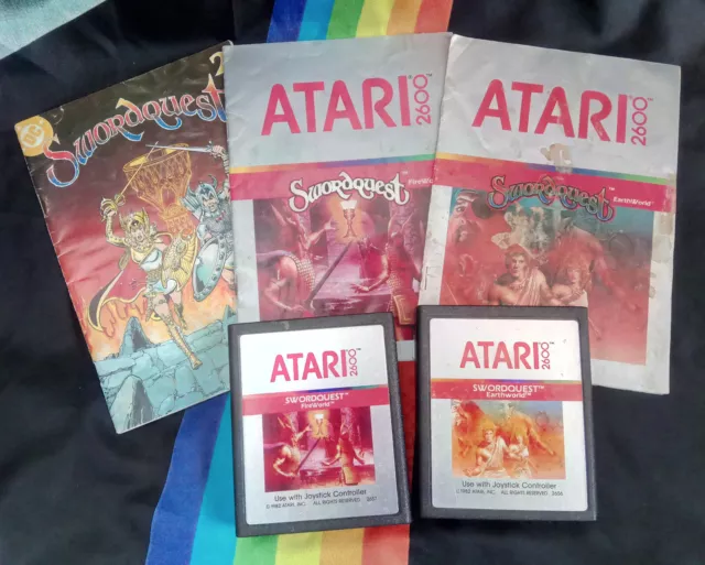 Swordquest Fireworld & Earthworld • Atari 2600 Game Carts + Manuals + Comic Book