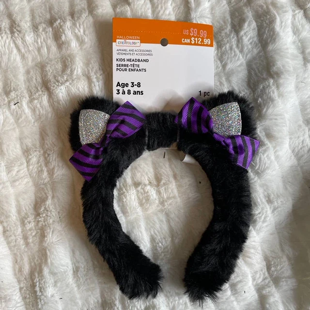 HALLOWEEN CREATIONS Cat Bow Headband Costume Kitty Glitter Purple Black NWT