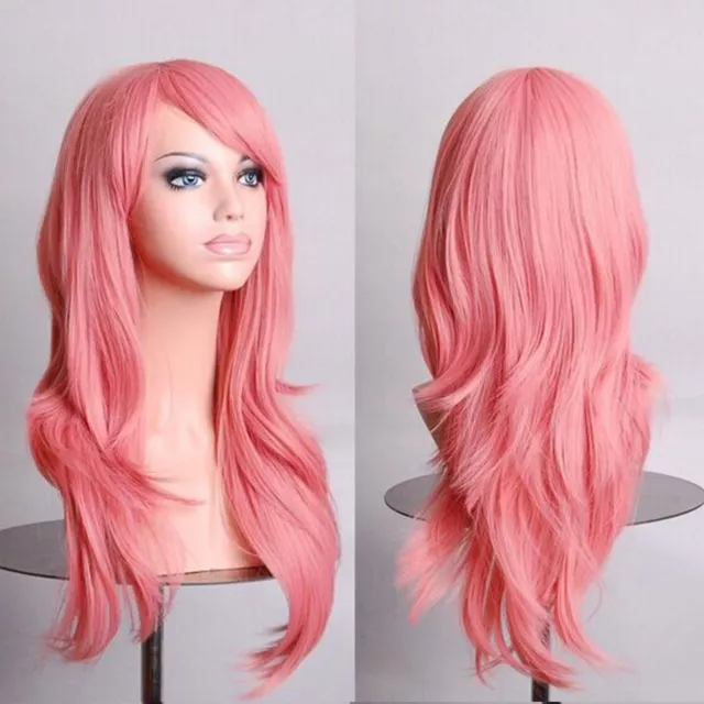 (Pink)Cosplay Long Curly Wavy Wig Women Girls Heat Resistant Halloween GSA