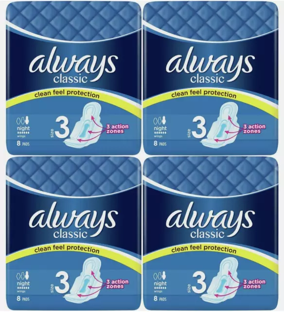Always Maxi Classic Night Time Pads Towels with Wings, Size 3 - 32 Pack
