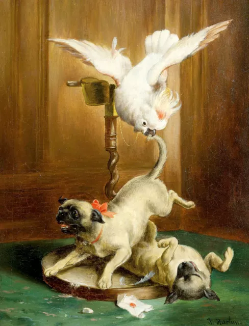 Carl Reichert "Pug pandemonium" dog Brown Artwork PAPER or CANVAS Fine Art