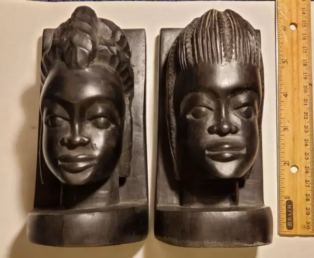 Vtg AFRICAN ART Hand-carved EBONY BUST BOOKENDS Tribal MATED PAIR Wood Wooden