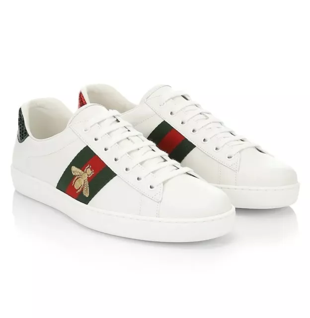 Gucci Ace Men's Bee Embroidered White Leather Sneakers Size 7.5 US