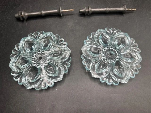 Set 2 Antique Victorian Aqua Glass Curtain Tie Backs 4 1/2" with Hardware 4