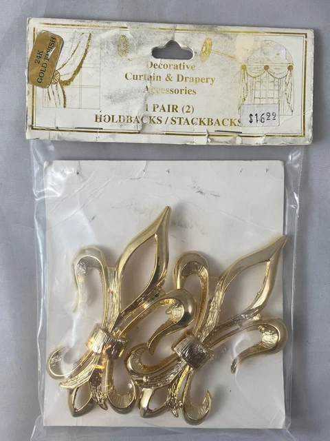 Pair French FLEUR DE LIS CURTAIN DRAPE SCARF HOLDBACK 24k Gold Finish NOS