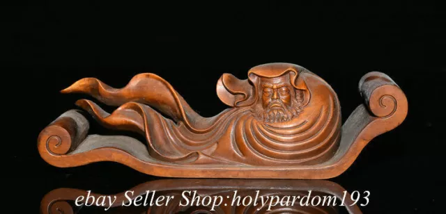 8" Chinese Boxwood Hand-carved Arhat Damo Bodhidharma Dharma Buddha Statue