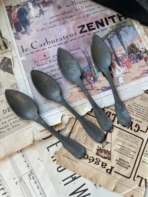 Set of Four Antique 18th/19th Century French Pewter Spoons / Fiddle Shape /