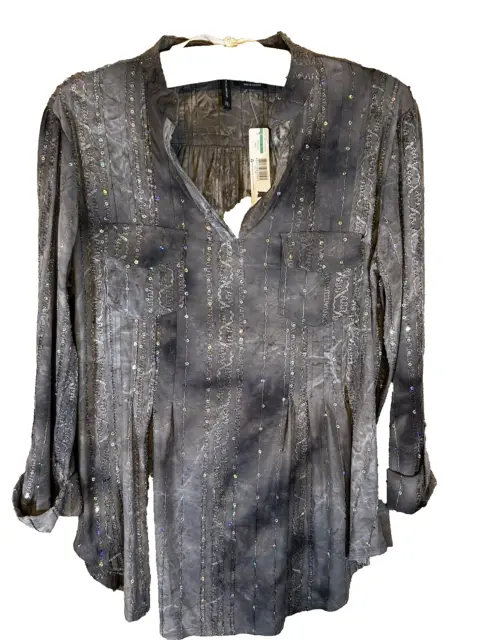 New Directions NEW Womens LARGE Sequin Roll Tab Knit Shirt Gray Sparkle - AC