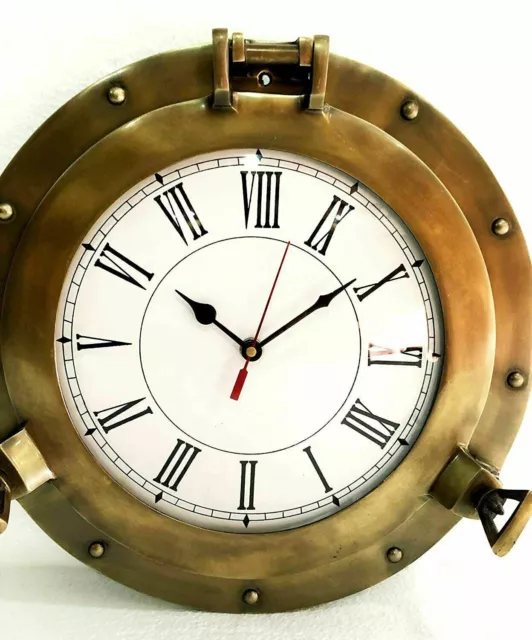 12" Antique Marine Brass Ship Porthole Clock Nautical Wall Clock Home Decor