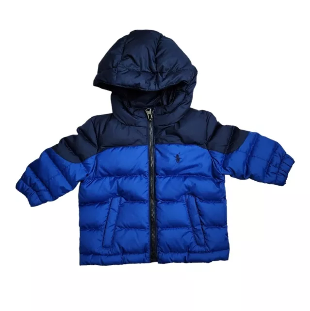 POLO RALPH LAUREN goose down hooded puffer jacket in blue colorblock size 9M