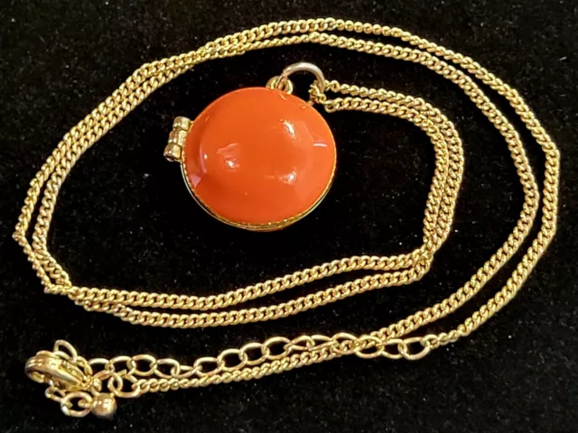 Vintage Orange Coral Enamel Locket Necklace Gold Tone 26" Vintage Orange Coral Enamel Locket Necklace Gold Tone 26"