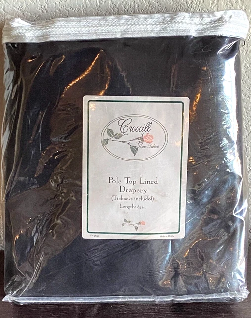 CROSCILL ~ Solid BLACK Stardust CHINTZ Pole Top LINED DRAPERY Curtains Tie Backs