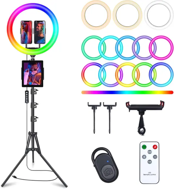 13" Selfie Ring Light with 63" Tripod Stand & 3 Phone Holder, LED Camera with 48