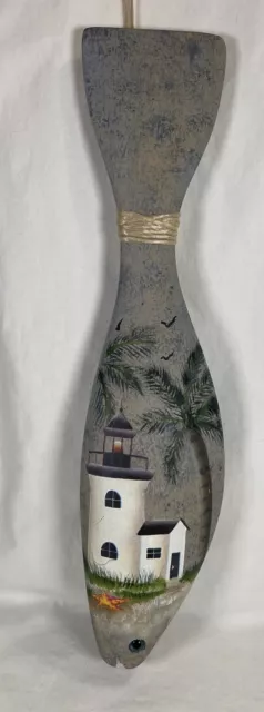 VTG Handmade Hand Painted Wood Fish W Lighthouse Beach Decor Signed Jean 13” L