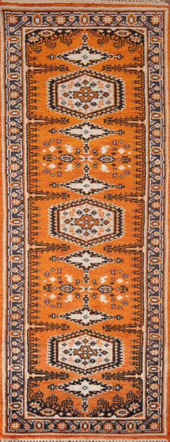 Alfombra naranja geométrica tradicional oriental de 8 pies 3x8 lana hecha a mano