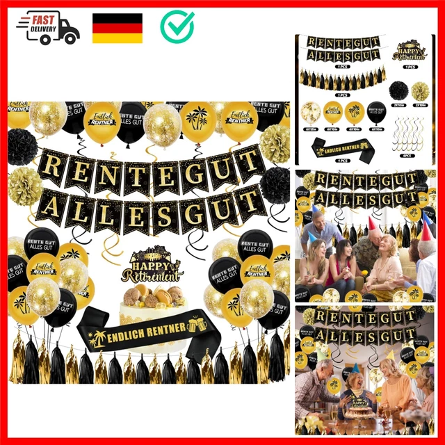 Renten-Deko-Set – XXL Banner, Schärpe, Girlande & 20 Luftballons In Gold/Schwarz Für Abschiedsfeiern Rente Deko Set
