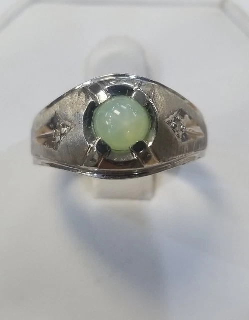 Vintage 14K White Gold Men's Ring/ RARE GREEN Linde /Lindy Star Sapphire