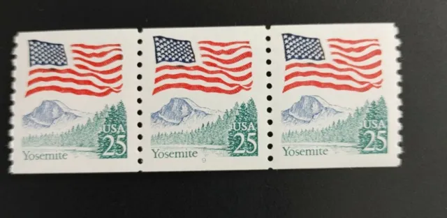 SC 2280 US Stamp 1988 25c Flag Over Yosemite P#9 PNC Coil Strip of 3. Free Ship