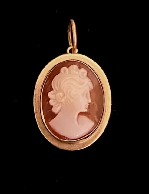 Vintage Carved Shell Cameo Pendant 14k Yellow Gold Figural Lady Small Oval