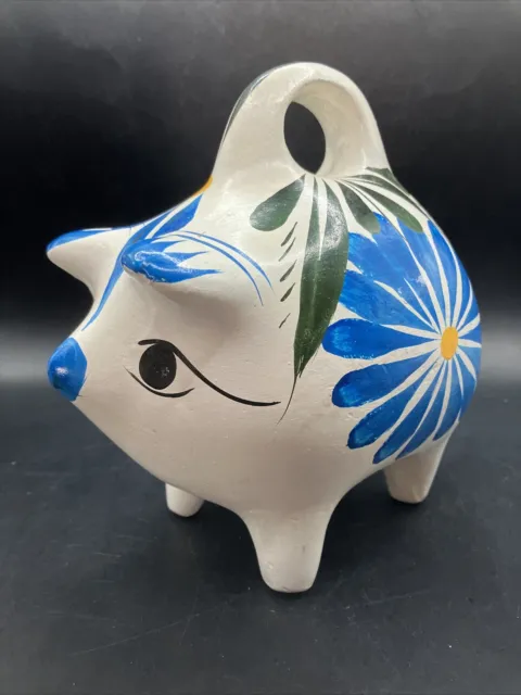 Signed Clay Pottery Mexico Piggy Bank Vintage Folk Art Handmade Hand Painted