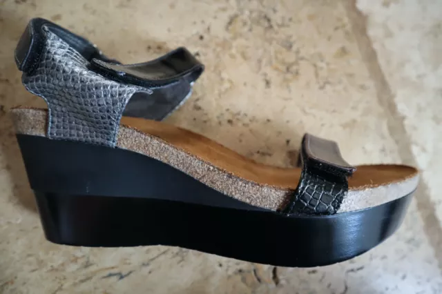 New Black & Pewter NAOT Miracle Wedge Ankle & Sling Strap Sandals 41 US 10