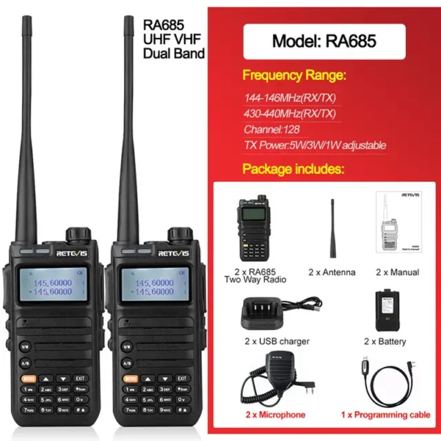 Talkie-Walkie Professionnel RA685 - VHF/UHF, Longue Portée, Compatible CHIRP