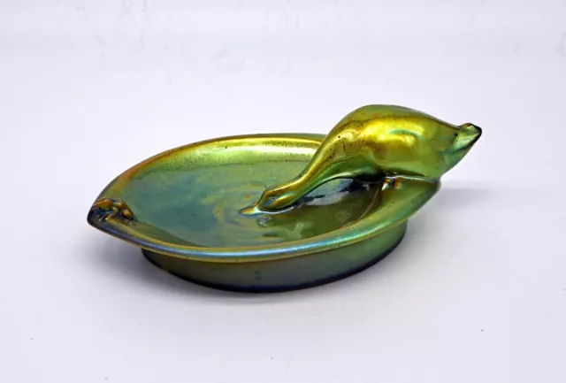 ZSOLNAY Antique Green-Blue-Gold Eozin Tray Duck and Frog
