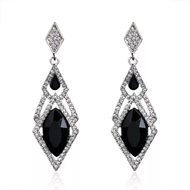 Silver Black Crystal Drop Earrings Art Deco Style Long Drop Party sparkle
