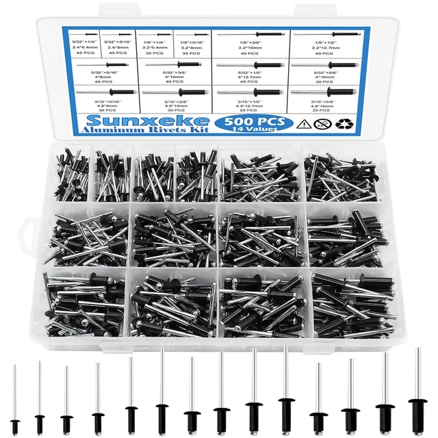 500pcs Black Aluminum Pop Rivets - Assorted Rivets Kit