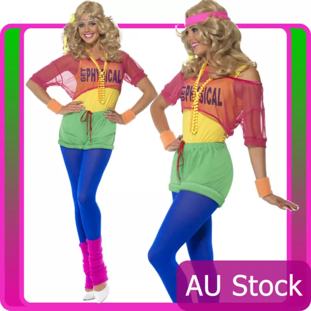 Ladies 80s Olivia Newton John Physical Girl Costume Neon 1980s Sports Aerobics